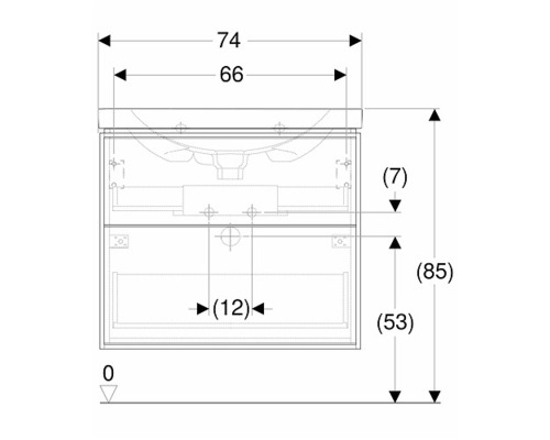 Måttsatt ritning av ett tvättställsskåp med bredd-, höjd- och djupinformation