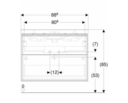 Teknisk ritning av ett tvättställsskåp med mått