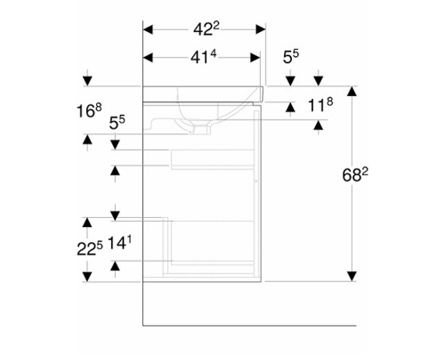 Teknisk ritning av ett tvättställsskåp med måttangivelser