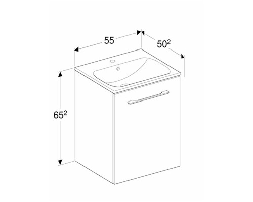 Skiss av ett tvättställsskåp med måtten 55 x 50 x 65 cm.