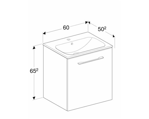 Ritning av ett tvättställsskåp med mått.