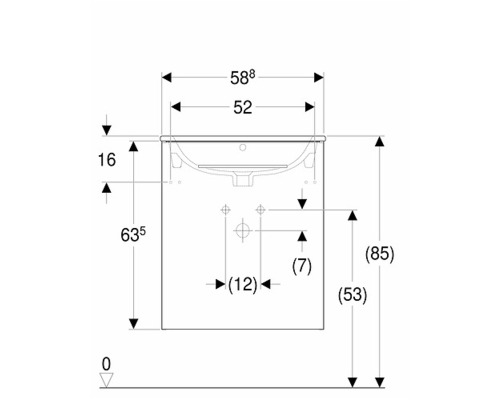 Måttsatt ritning av ett underskåp för tvättställ med angivna mått