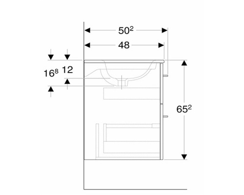 Teknisk ritning av ett tvättställsskåp med måttangivelser