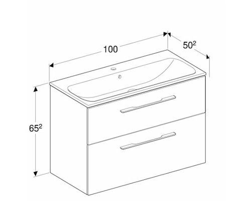 Ritning av ett tvättställsskåp med måtten 100 x 65,2 x 50,2 cm