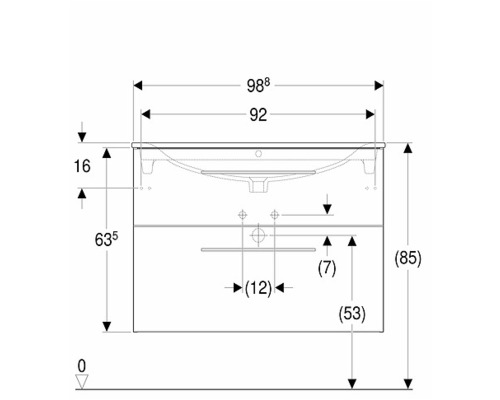 Måttsatt ritning av ett tvättställsskåp med storleksinformation