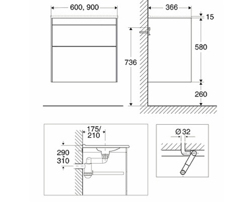 Måttsättning av ett tvättställsskåp med olika vyer och dimensioner.