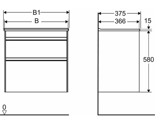 Teknisk ritning av ett tvättställsskåp med måttangivelser