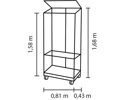 Teknisk ritning av en rullvagn med två hyllor och måtten 1,58 meter, 1,68 meter, 0,81 meter och 0,43 meter.