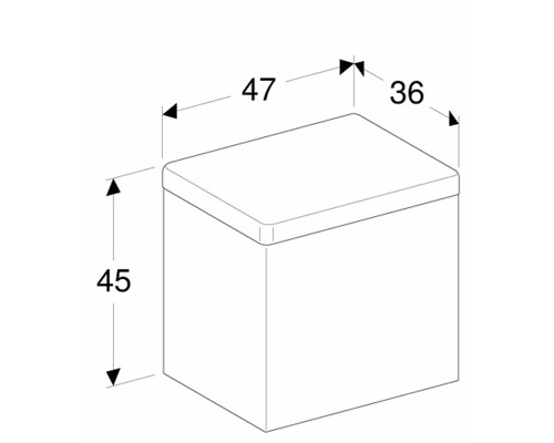 Teknisk ritning av en möbel med måtten 47, 36 och 45 centimeter