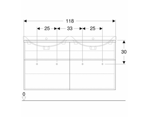 Teknisk ritning av ett tvättställsskåp med mått