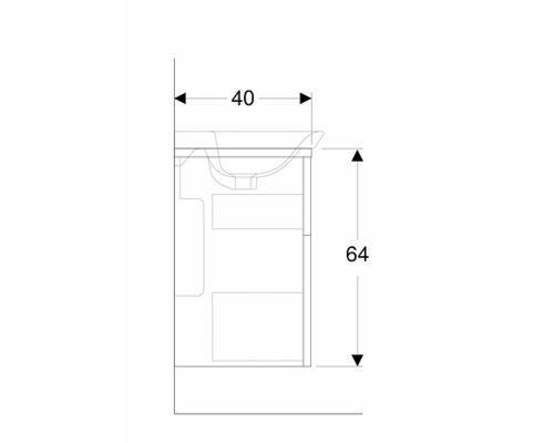 Teknisk ritning av ett tvättställsskåp med måtten 40 och 64 centimeter.
