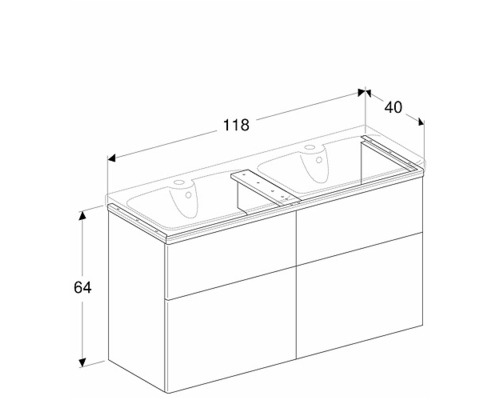 Teknisk ritning av ett tvättställsskåp med måtten 118 x 64 x 40 cm.