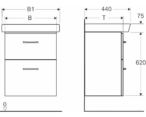 Ritning av ett tvättställsskåp med lådor och måttangivelser