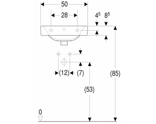 Teknisk ritning av ett tvättställ med mått