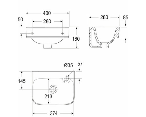 Teknisk ritning av ett tvättställ med mått