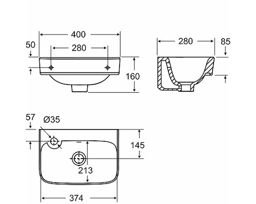 Teknisk ritning av ett tvättställ med mått