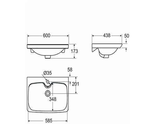 Teknisk ritning av ett handfat med mått