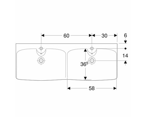 Teknisk ritning av ett dubbelt tvättställ med dimensioner
