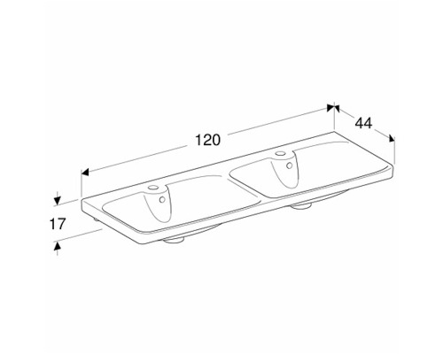 Ritning av ett dubbelt handfat med måtten 120, 44 och 17 centimeter.