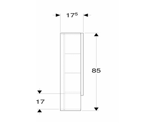 Teknisk ritning av ett badrumsskåp med måtten 17,5 centimeter bred, 85 centimeter hög och 17 centimeter djup