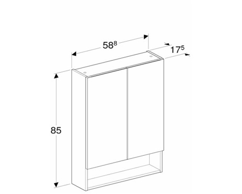 Teknisk ritning av ett badrumsspegelskåp med måtten 85 x 58,8 x 17,5 cm.