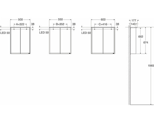 Teknisk ritning av spegelskåp med LED-belysning och måttangivelser