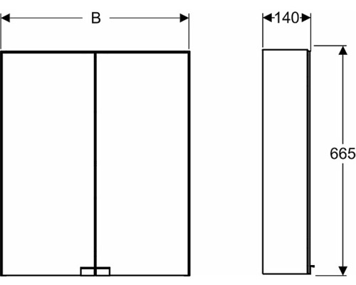 Teknisk ritning av ett spegelskåp med måttangivelser