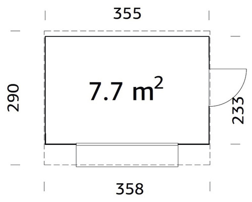 Planritning med mått: 355 x 290 centimeter, yta 7,7 kvadratmeter