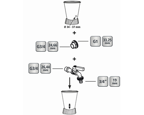 Installationsanvisning för en vattentunna med kran och tillhörande mått