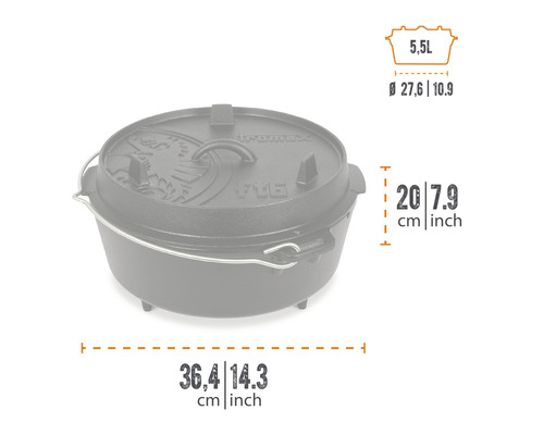 IronMax Dutch Oven med lock och måttangivelser
