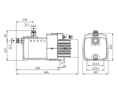 Teknisk ritning av en dammpump med måttangivelser