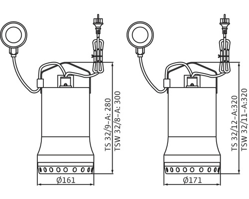 Skiss över två dränkbara pumpar med mått