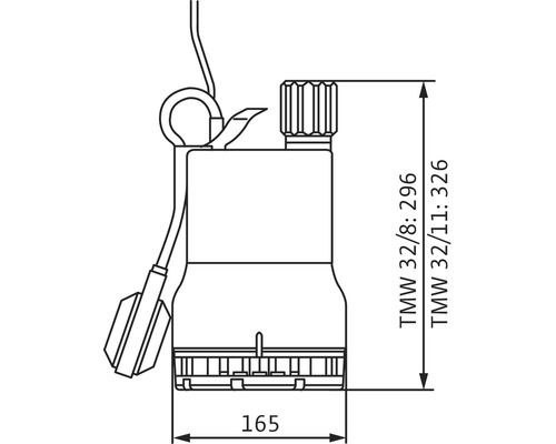 Teknisk ritning av en dränkbar pump med mått