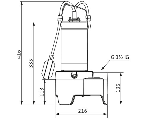 Teknisk ritning av en smutsvattenpump med måttangivelser