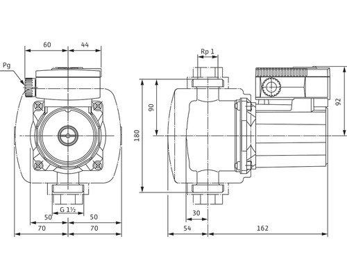 Teknisk ritning av en pump med dimensioner