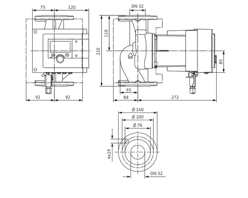 Teknisk ritning av en pump med dimensioner