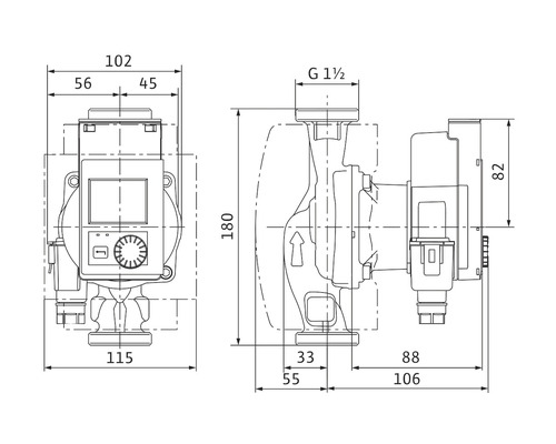 Teknisk ritning av en värmepump med måttangivelser