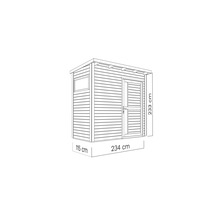Illustration av ett redskapsbod med måtten 234 gånger 115 gånger 233 centimeter.