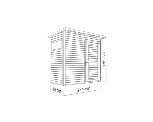 Illustration av ett redskapsbod med måtten 234 gånger 115 gånger 233 centimeter.