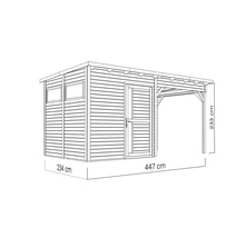 Illustration av ett trädgårdsredskapsförråd i trä som mäter 234 gånger 447 centimeter med en höjd av 233 centimeter.