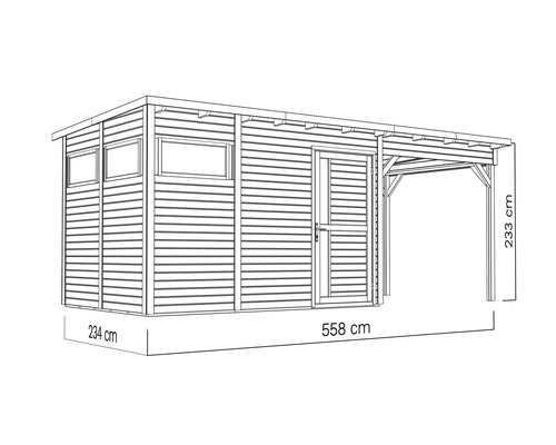 Illustration av ett trädgårdshus med tillbyggnad, sidovägg med fönster, dörr och måttangivelser