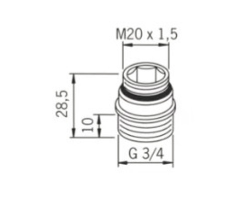 Teknisk ritning av en adapter med måtten M20 x 1,5 och G 3/4