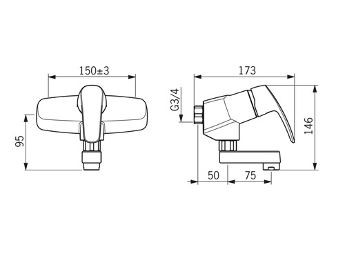 Teknisk ritning av en armatur med mått.