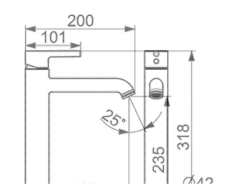 Teknisk ritning av en armatur med måttangivelser