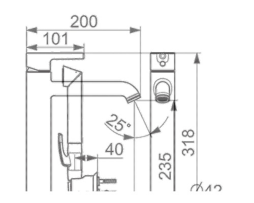 Teknisk ritning av en vattenkran med måttangivelser
