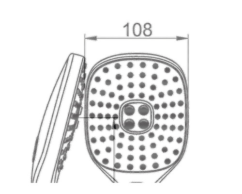 Teknisk ritning av ett duschhuvud med en bredd på 108 millimeter.