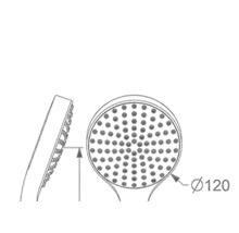 Teknisk ritning av ett duschhuvud med en diameter på 120 millimeter.