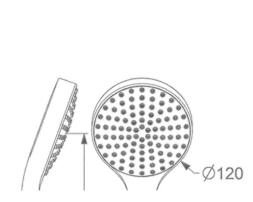 Teknisk ritning av ett duschhuvud med en diameter på 120 millimeter.