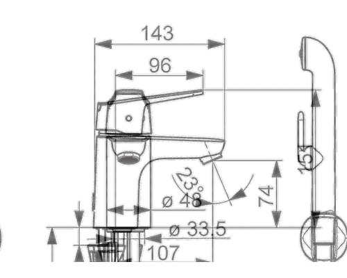 Teknisk ritning av en armatur med måttangivelser