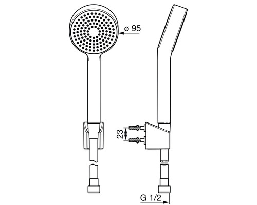Teknisk ritning av en handdusch med måtten 95 millimeter i diameter, 23 millimeter i höjd och anslutningsstorlek G 1/2